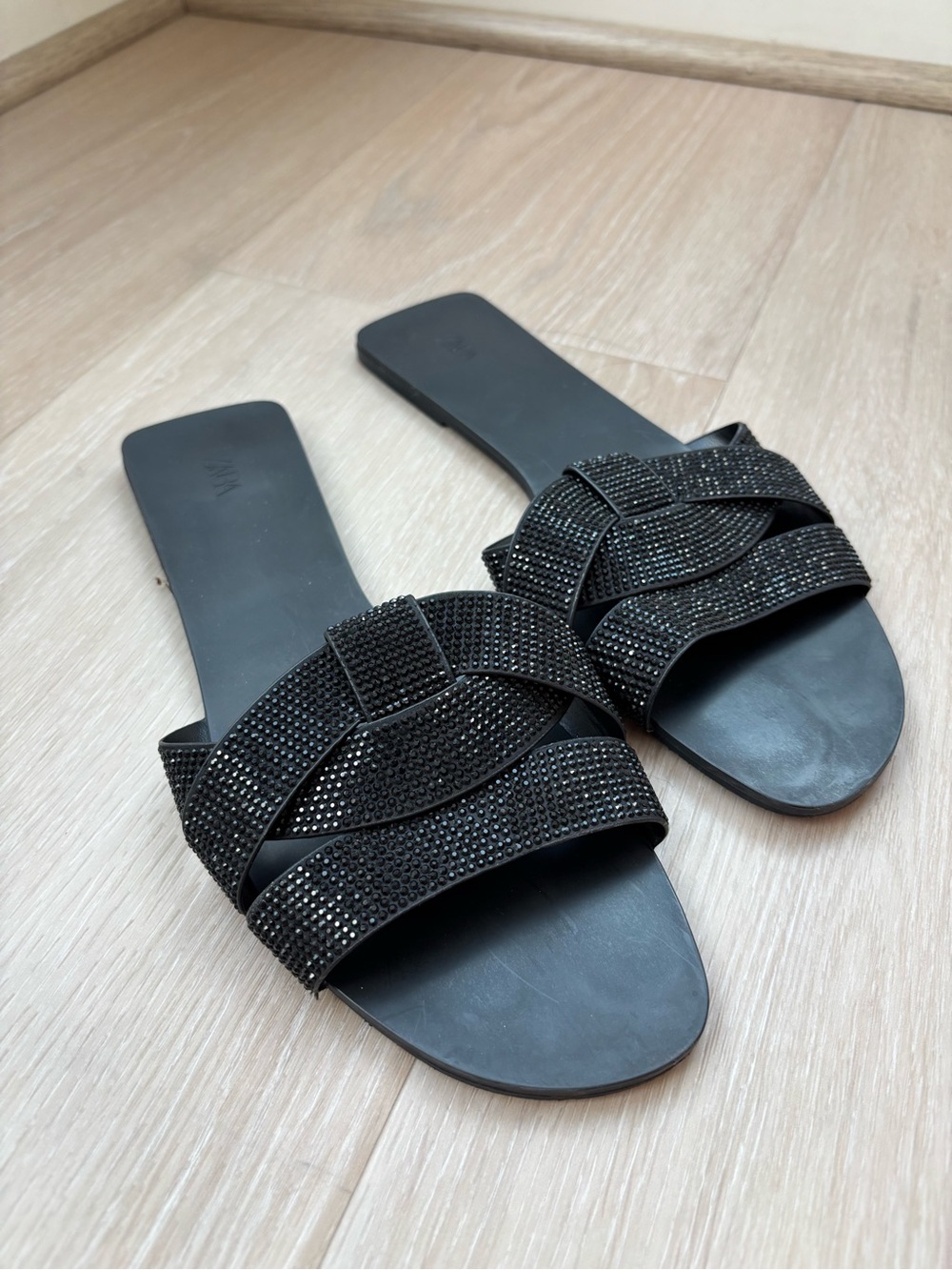 Zara Black Crystal Strap Slide Sandals